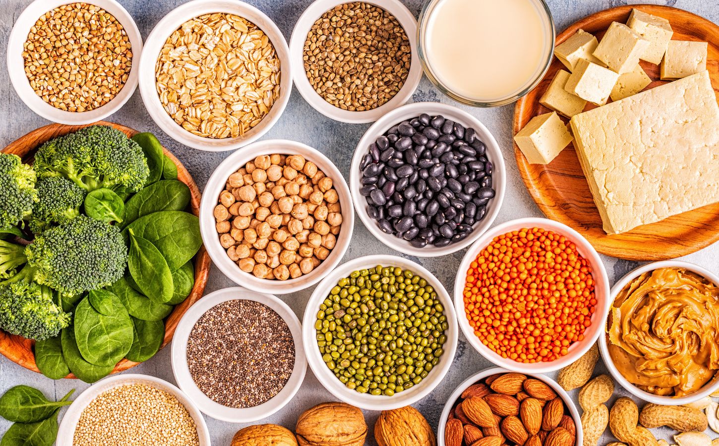 Vegan protein sources including tofu, legumes, nuts, and seeds arranged together, to illustrate article on how eating less protein can boost health and longevity