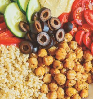 Mediterranean Power Bowls with quinoa, cucumber, olives, hummus, and bell pepper
