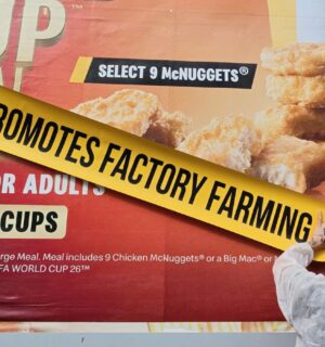 Photo shows one of the recent street "stunts" from Adfree Cities, where activists attached signs to advertisements highlighting the link between the company or product and harmful factory farming. The new “Gag Big Ag” campaign from Adfree Cities has called for a UK-wide ban on adverts that promote factory farming, meat, and dairy