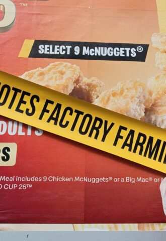 Photo shows one of the recent street "stunts" from Adfree Cities, where activists attached signs to advertisements highlighting the link between the company or product and harmful factory farming. The new “Gag Big Ag” campaign from Adfree Cities has called for a UK-wide ban on adverts that promote factory farming, meat, and dairy