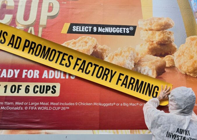 Photo shows one of the recent street "stunts" from Adfree Cities, where activists attached signs to advertisements highlighting the link between the company or product and harmful factory farming. The new “Gag Big Ag” campaign from Adfree Cities has called for a UK-wide ban on adverts that promote factory farming, meat, and dairy