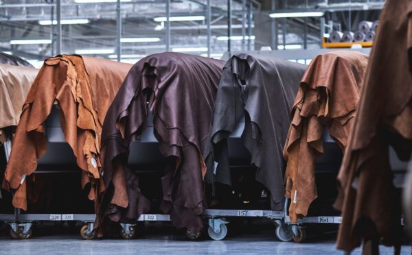 Photo shows layers of animal hides draped in a factory setting. Animal leather emits over 1,100 percent more emissions than vegan leather, according to a new study