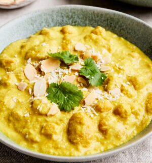 chickpeas and cannellini beans cooked in a coconut milk, carrot, and almond sauce for vegan coconut recipes