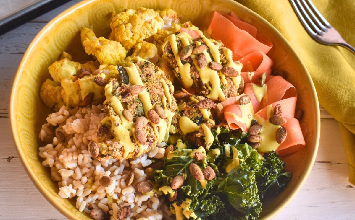 Curried Amaranth Patties with beans, onion, spinach, and chard