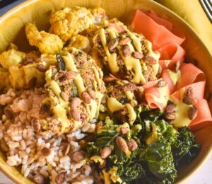 Curried Amaranth Patties with beans, onion, spinach, and chard