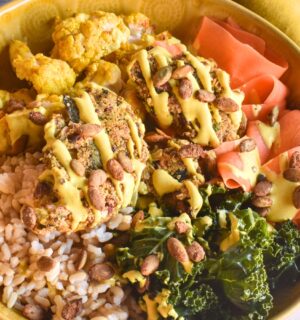 Curried Amaranth Patties with beans, onion, spinach, and chard