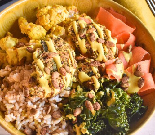 Curried Amaranth Patties with beans, onion, spinach, and chard