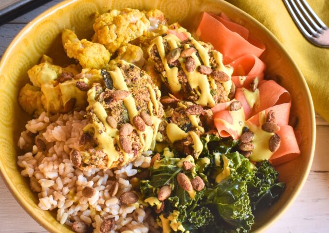 Curried Amaranth Patties with beans, onion, spinach, and chard