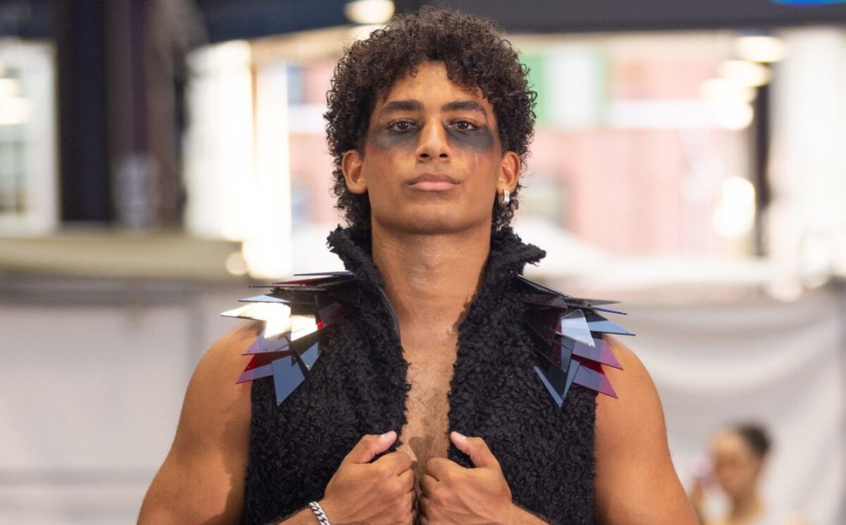 Photo shows one of the models at a Genaro Rivas fashion show at Spitalfields Market in London, UK. The fashion designer recently showcased outfits featuring a cruelty-free alternative to down by Ponda.