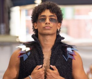 Photo shows one of the models at a Genaro Rivas fashion show at Spitalfields Market in London, UK. The fashion designer recently showcased outfits featuring a cruelty-free alternative to down by Ponda.