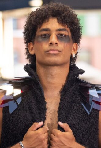 Photo shows one of the models at a Genaro Rivas fashion show at Spitalfields Market in London, UK. The fashion designer recently showcased outfits featuring a cruelty-free alternative to down by Ponda.