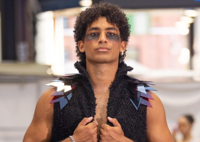 Photo shows one of the models at a Genaro Rivas fashion show at Spitalfields Market in London, UK. The fashion designer recently showcased outfits featuring a cruelty-free alternative to down by Ponda.
