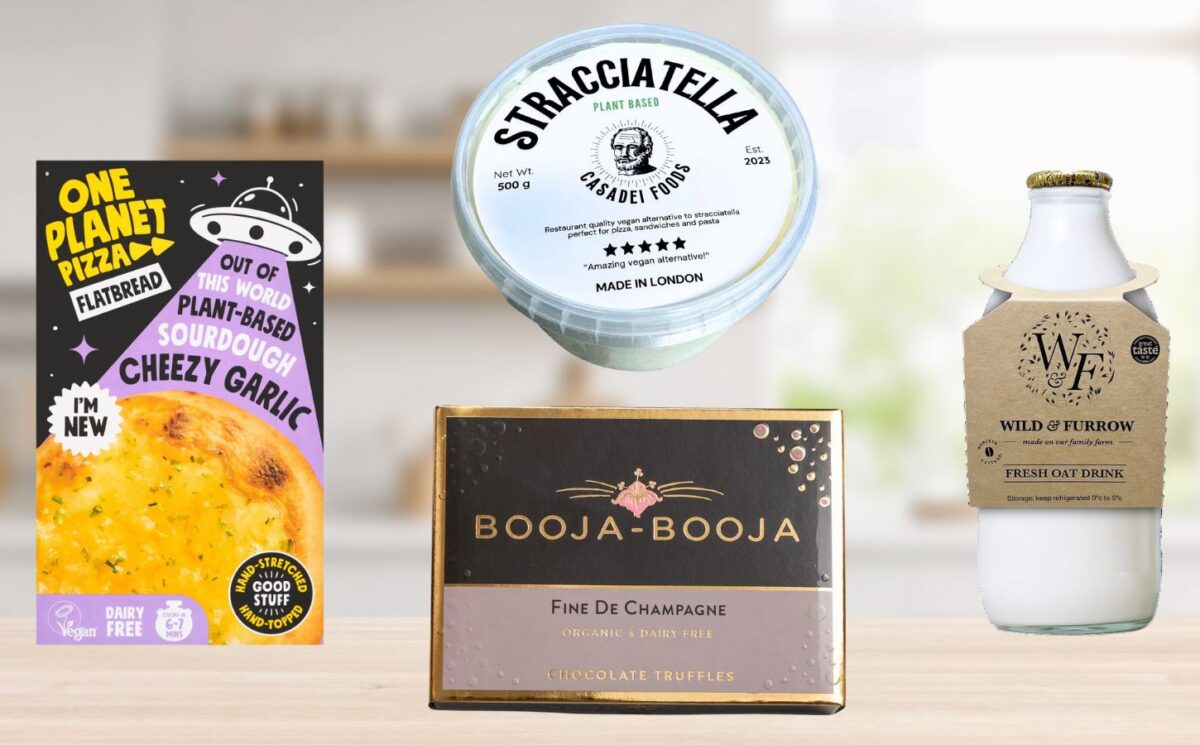 Photo shows some of the vegan products featured at the 2026 Great Taste Awards on a stock background.