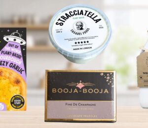Photo shows some of the vegan products featured at the 2026 Great Taste Awards on a stock background.