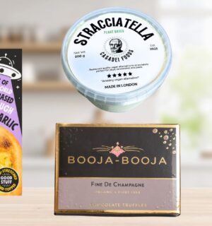 Photo shows some of the vegan products featured at the 2026 Great Taste Awards on a stock background.