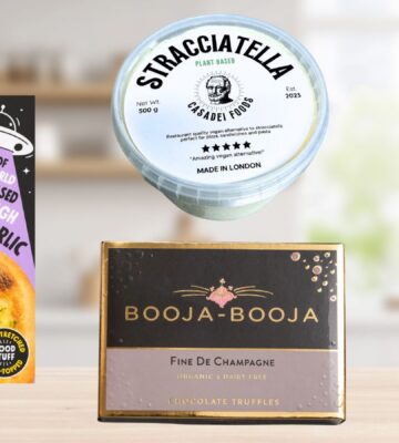 Photo shows some of the vegan products featured at the 2026 Great Taste Awards on a stock background.
