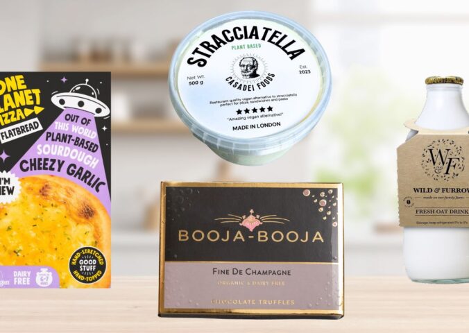 Photo shows some of the vegan products featured at the 2026 Great Taste Awards on a stock background.