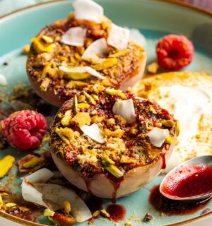 grilled peaches with raspberry glaze for plant-based peach recipes