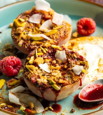 grilled peaches with raspberry glaze for plant-based peach recipes