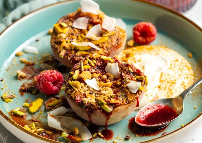 grilled peaches with raspberry glaze for plant-based peach recipes
