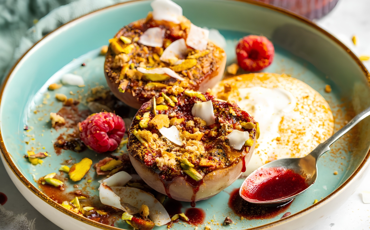 grilled peaches with raspberry glaze for plant-based peach recipes