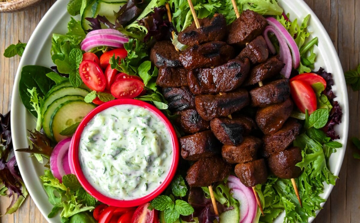 Vegan Kebab Skewers With Salatet Zabadi with yogurt dip, seasonings, lentils, and chickpeas