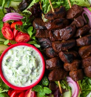 Vegan Kebab Skewers With Salatet Zabadi with yogurt dip, seasonings, lentils, and chickpeas