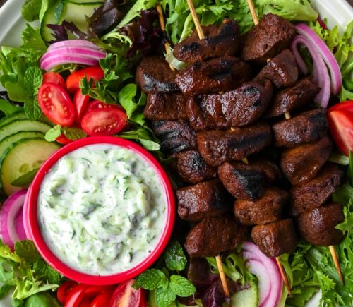 Vegan Kebab Skewers With Salatet Zabadi with yogurt dip, seasonings, lentils, and chickpeas