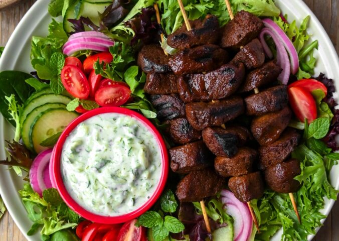 Vegan Kebab Skewers With Salatet Zabadi with yogurt dip, seasonings, lentils, and chickpeas
