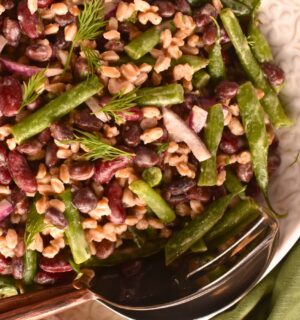 Lemony Farro And Bean Salad with kidney, black, and green beans with a Dijon dressing