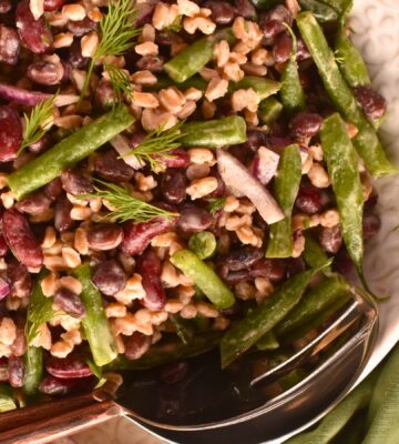 Lemony Farro And Bean Salad with kidney, black, and green beans with a Dijon dressing