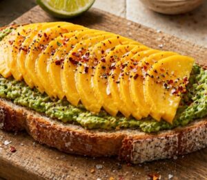 mango avocado toast with toppings for late summer vegan breakfasts