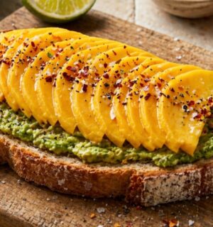 mango avocado toast with toppings for late summer vegan breakfasts