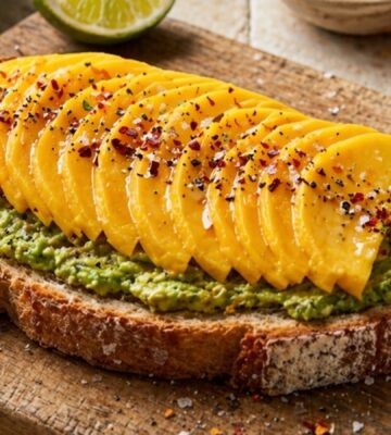 mango avocado toast with toppings for late summer vegan breakfasts