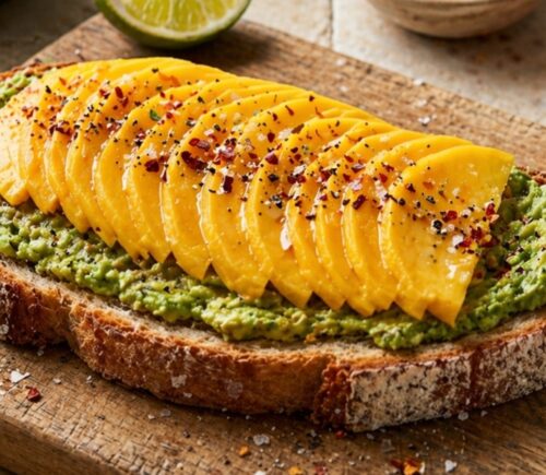 mango avocado toast with toppings for late summer vegan breakfasts