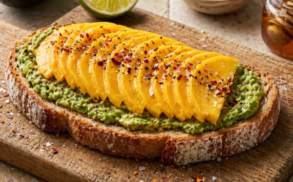 mango avocado toast with toppings for late summer vegan breakfasts
