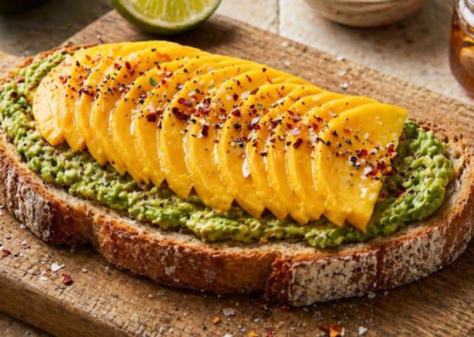 mango avocado toast with toppings for late summer vegan breakfasts