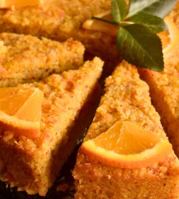 Orange-Ginger Polenta Cake with applesauce, maple syrup, vegan whipped cream and almond flour