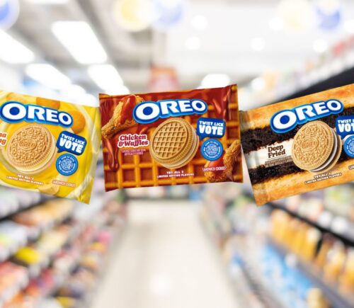 Photo shows the packaging of the three new flavors of Oreo cookies against a stock supermarket image background. The Oreo flavors include Banana Pudding (left), Chicken And Waffles (center), and Deep Fried (right).