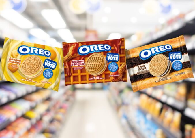 Photo shows the packaging of the three new flavors of Oreo cookies against a stock supermarket image background. The Oreo flavors include Banana Pudding (left), Chicken And Waffles (center), and Deep Fried (right).