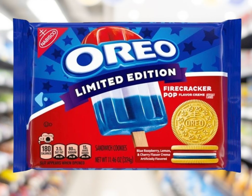 Photo shows the new Oreo Firecracker Pop flavor cookies, inspired by the iconic red, white, and blue iced lolly
