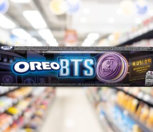 Photo shows a pack of the new Brown Sugar Pancake flavour Oreo x BTS cookies
