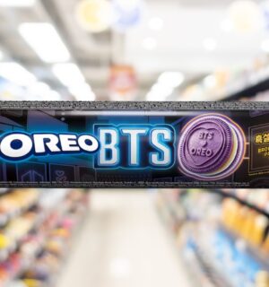 Photo shows a pack of the new Brown Sugar Pancake flavour Oreo x BTS cookies