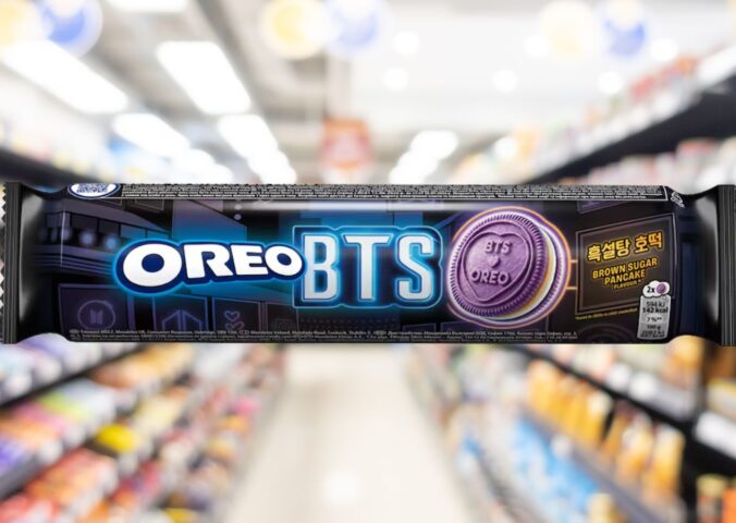 Photo shows a pack of the new Brown Sugar Pancake flavour Oreo x BTS cookies