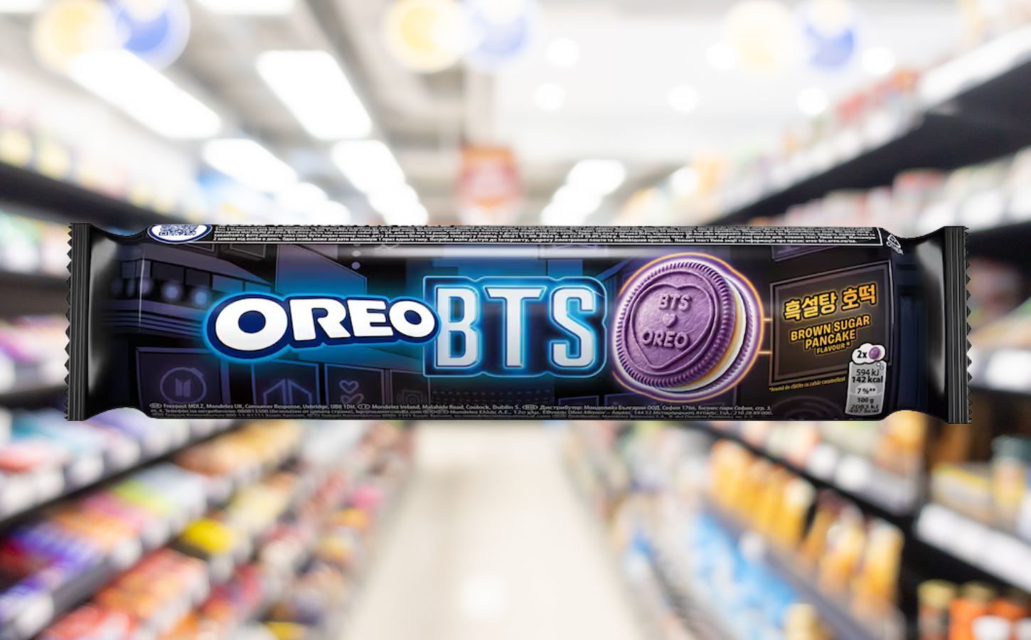 Photo shows a pack of the new Brown Sugar Pancake flavour Oreo x BTS cookies