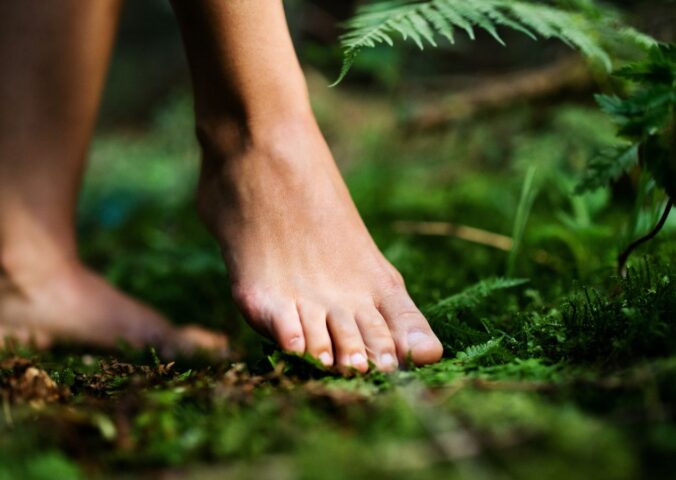 Photo shows a woman walking barefoot through a lush green forest. Portugal’s Buçaco National Forest has been certified as the world’s fourth “therapeutic forest.”