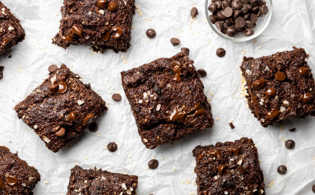 Quinoa Fudge Brownies with flax, sweet potato, vanilla, chocolate chips, and quinoa