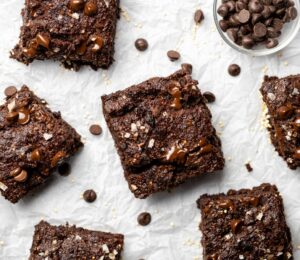 Quinoa Fudge Brownies with flax, sweet potato, vanilla, chocolate chips, and quinoa
