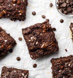 Quinoa Fudge Brownies with flax, sweet potato, vanilla, chocolate chips, and quinoa