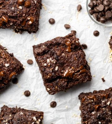 Quinoa Fudge Brownies with flax, sweet potato, vanilla, chocolate chips, and quinoa